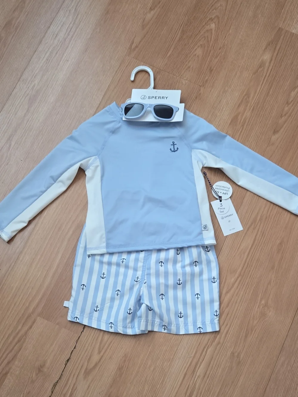 Sperry Light Blue & Cream Boys' Anchor Rash Guard Set with Striped Swim Shorts